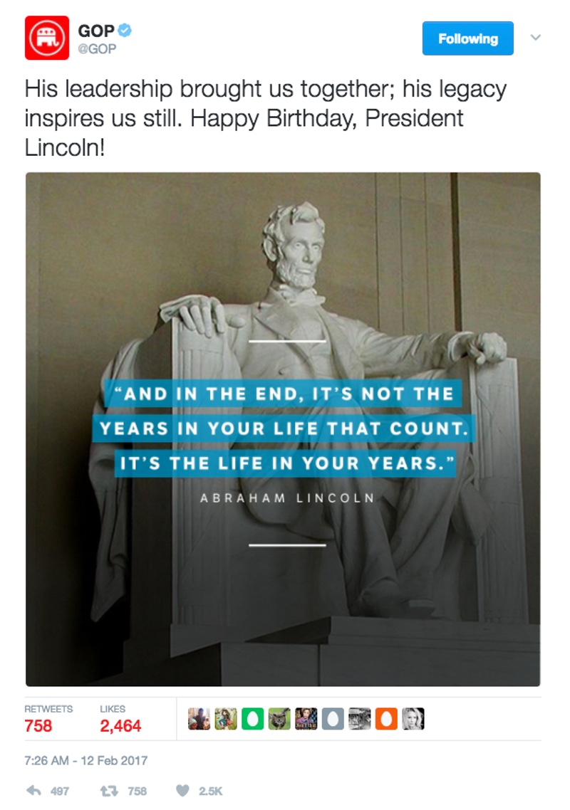Screenshot of a fake quote sent out by the official GOP Twitter account attributing the saying to Abraham Lincoln (Twitter)
